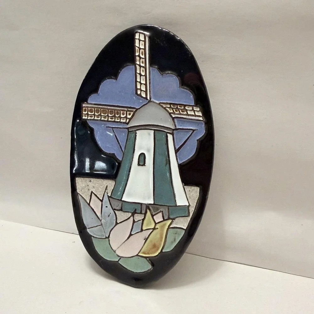 VTG Dutch Cloisonne Ceramic Tile Oval Windmill Henk Potters Pottenbakkerij Rare